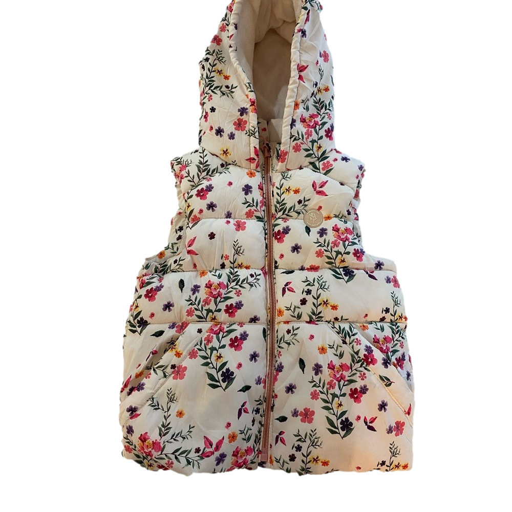 Zara Hooded Floral Zip Puffer Vest Cream Toddler Size 3-4Y